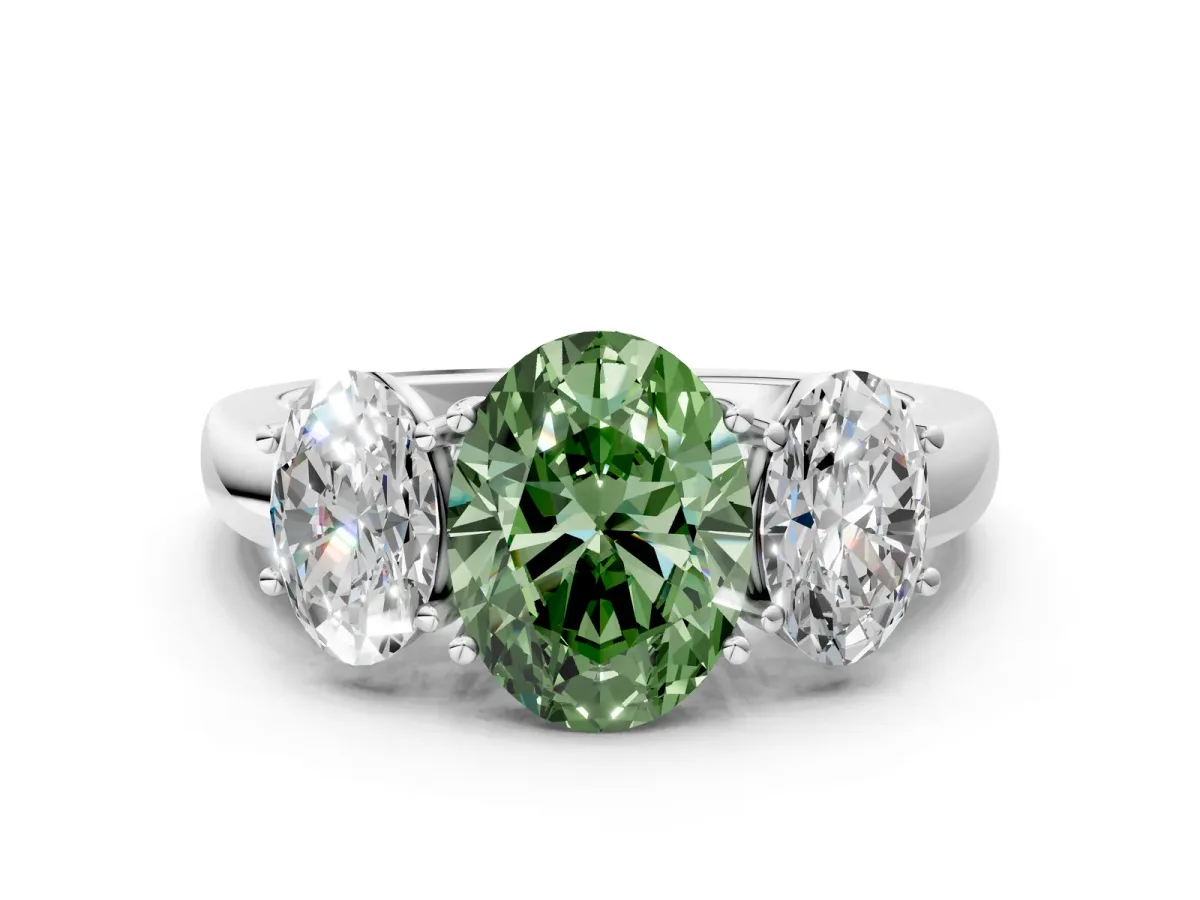 Fancy Green Oval Cut Diamond Three-Stone Ring with Four-Prong Setting and Classic Band White gold