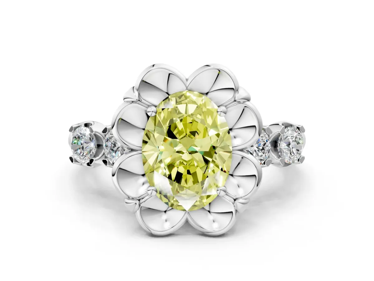 Fancy Yellow Oval Cut Cut Diamond Floral Halo Engagement Ring with Shared Prong Setting Silver