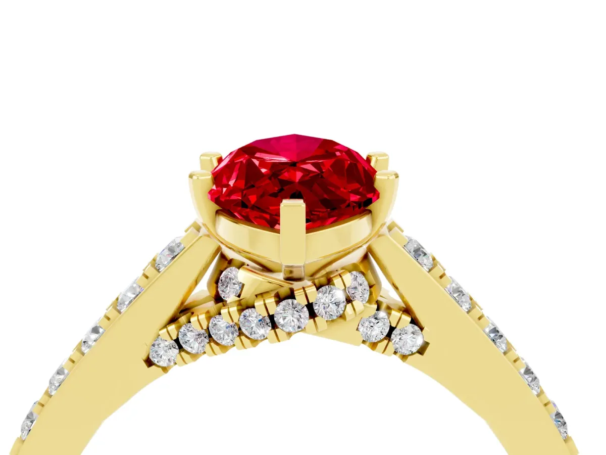 Marquise Cut Ruby Solitaire Ring with Crossover Gallery and Round Pavé Band Yellow gold