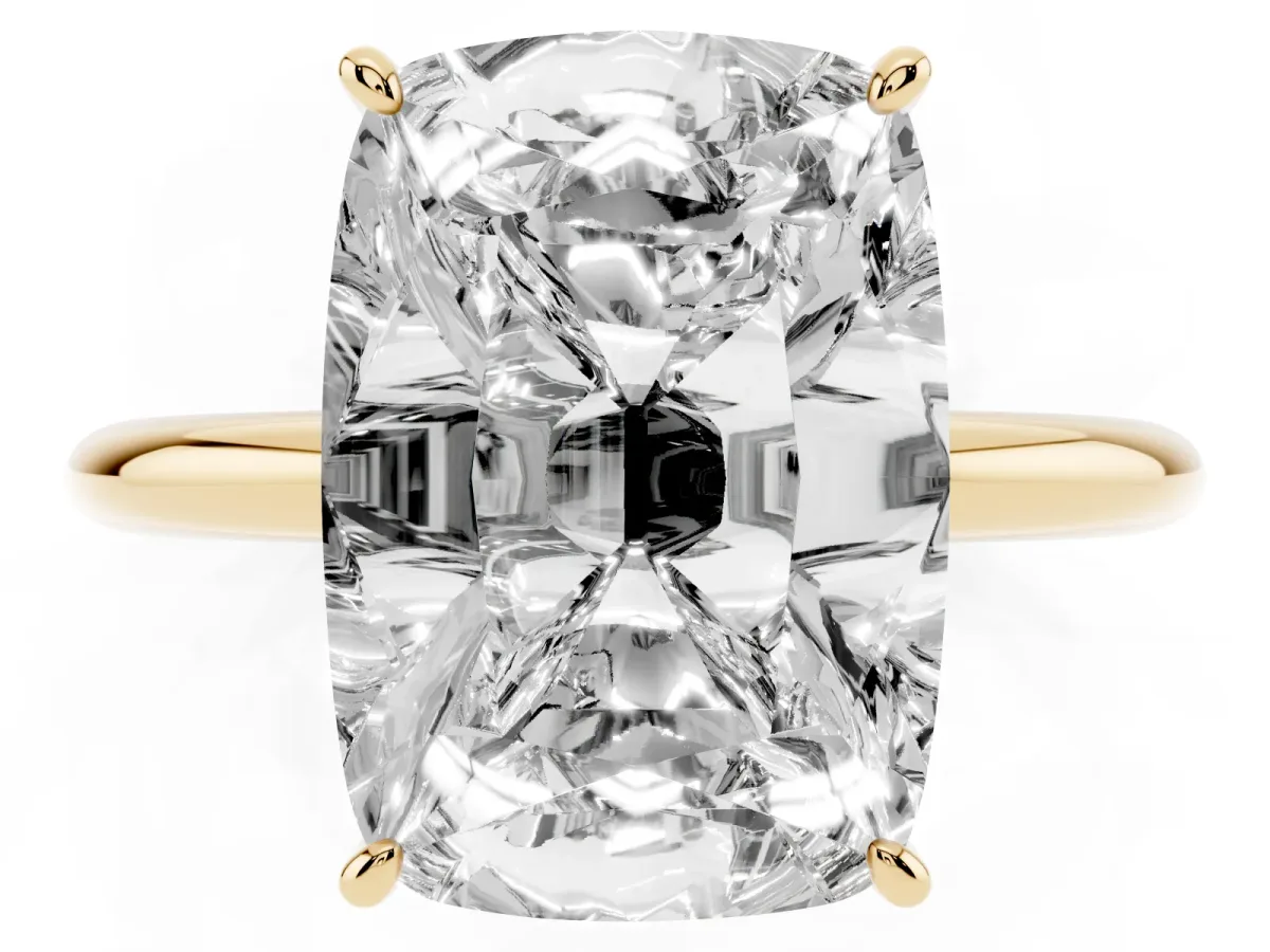 Old Mine Elongated Cushion Diamond Classic Band Four Prong Solitaire Ring Yellow gold