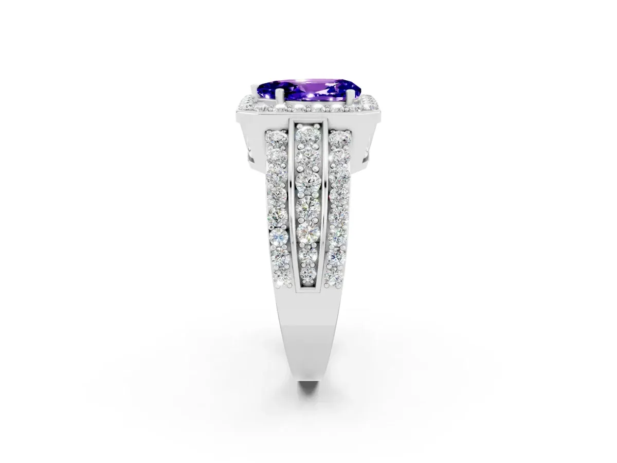 Pear Cut Halo Tanzanite Ring with Round Split Shank and Prong Setting Silver