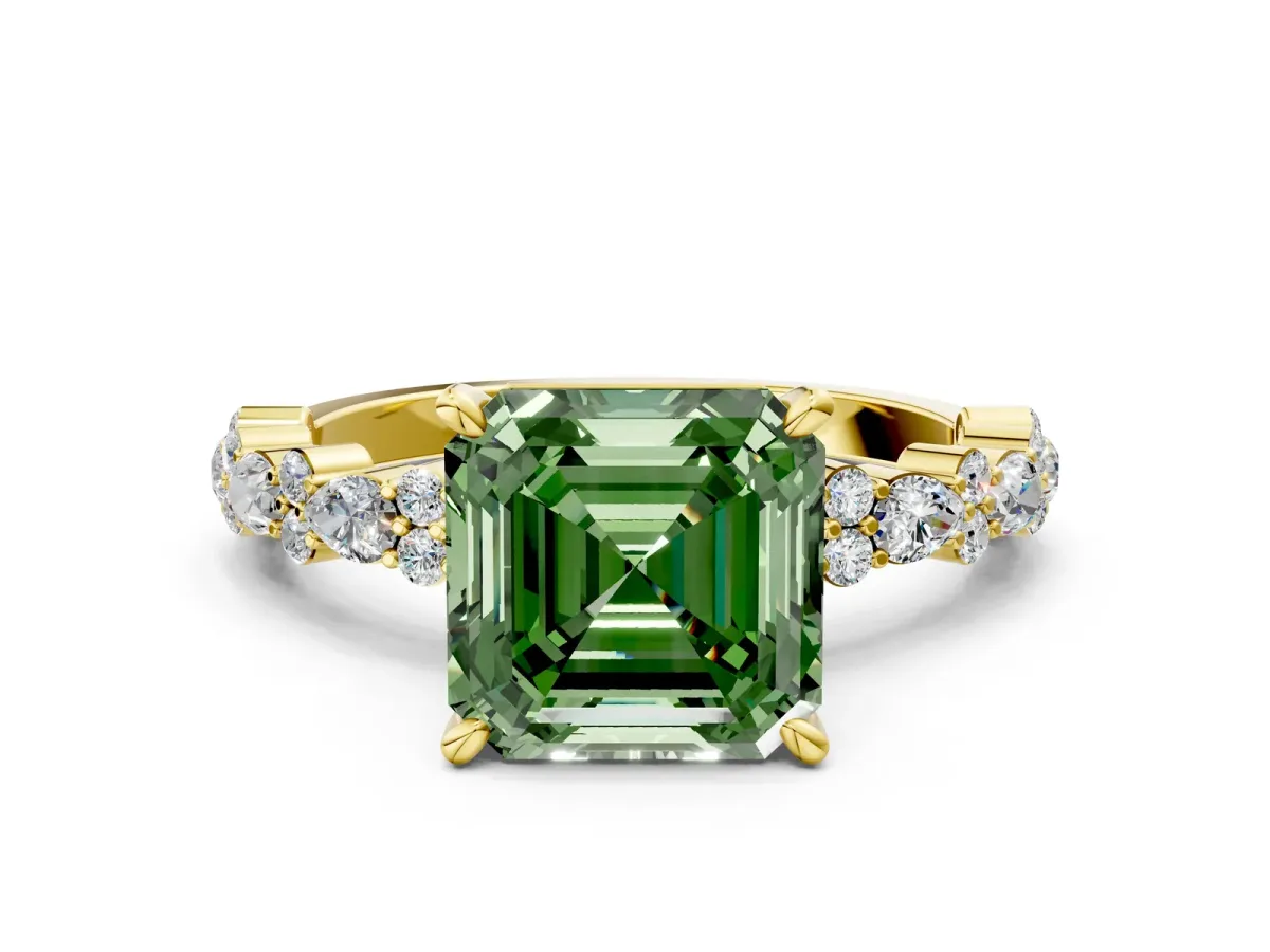 Fancy Green Asscher Cut Diamond Side Stone Solitaire Ring with Round and Four-Prong Setting Yellow gold