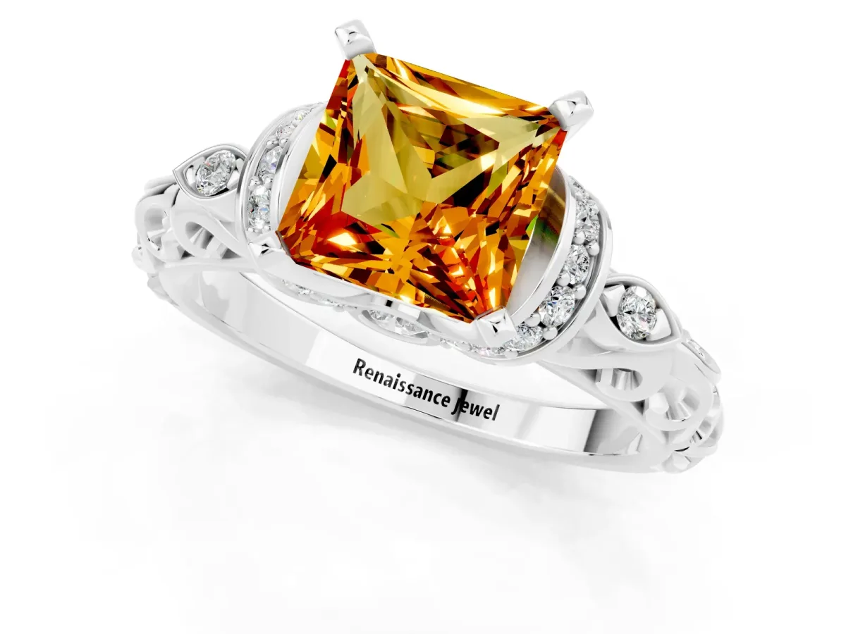 Princess Cut Citrine Solitaire Ring with Filigree Band and Four-Prong Setting Silver