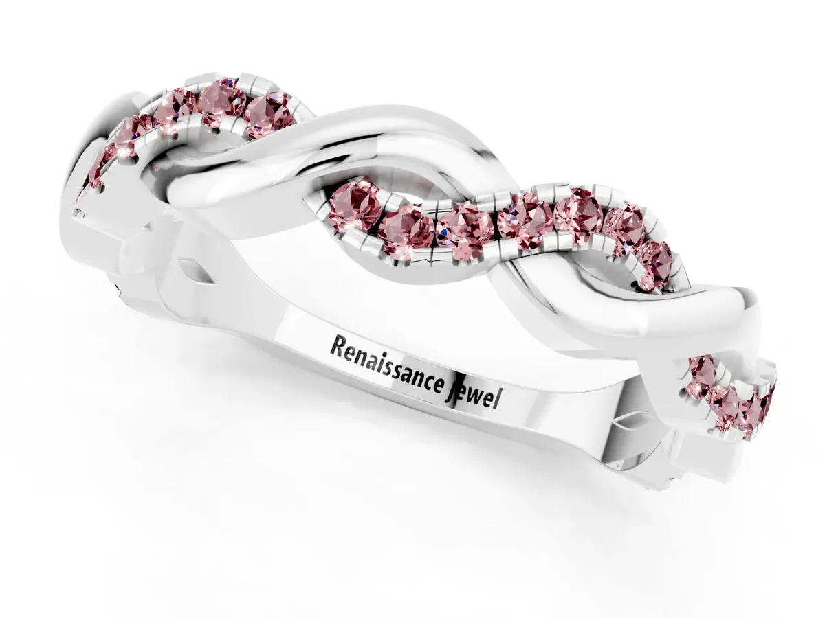Pavé Round Morganite Twist Eternity Band with Shared Prong Setting Silver
