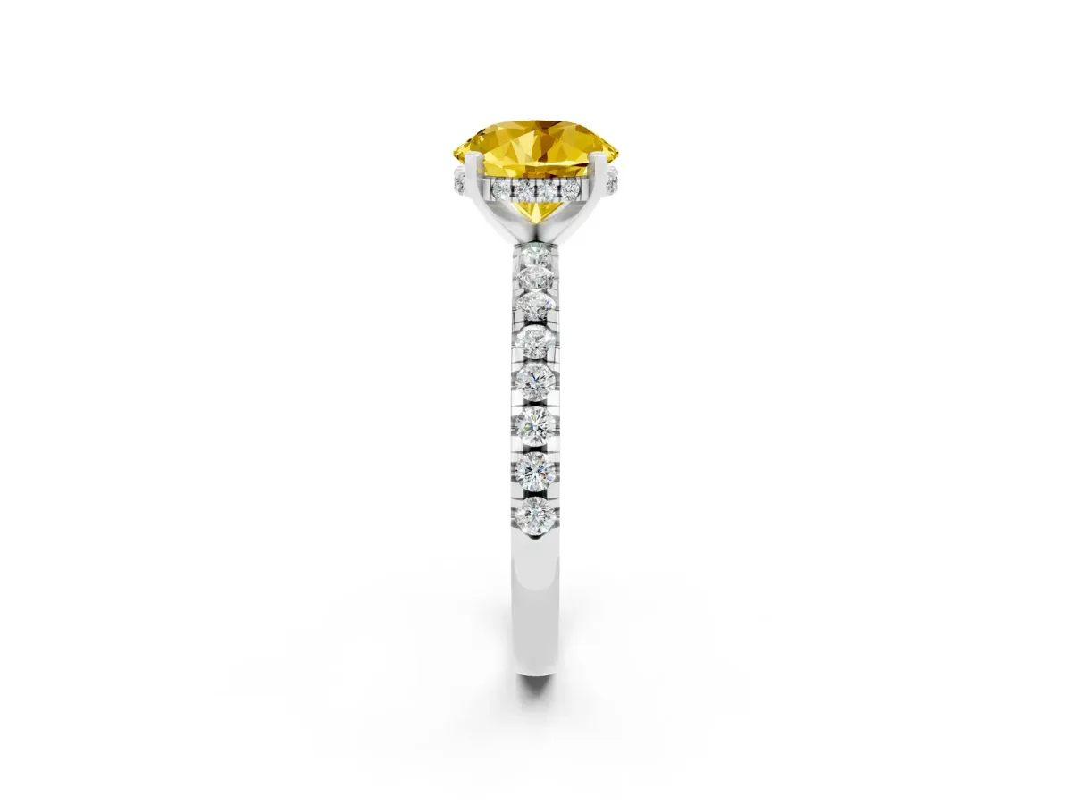 Round Cut Yellow Sapphire Solitaire Ring with Round Pavé Band and Four-Prong Setting Silver