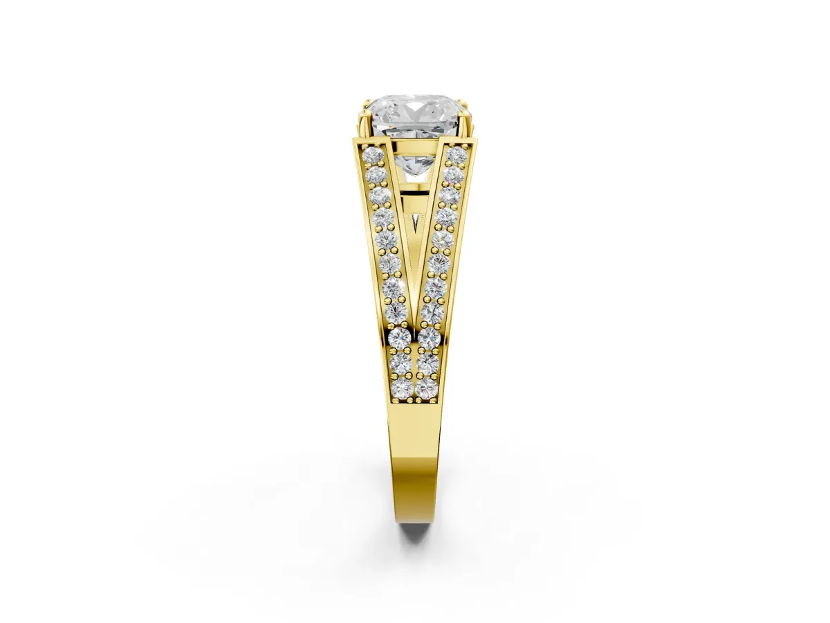 Cushion Cut Diamond Split Shank Ring with Pavé Band and Four-Prong Setting Yellow gold