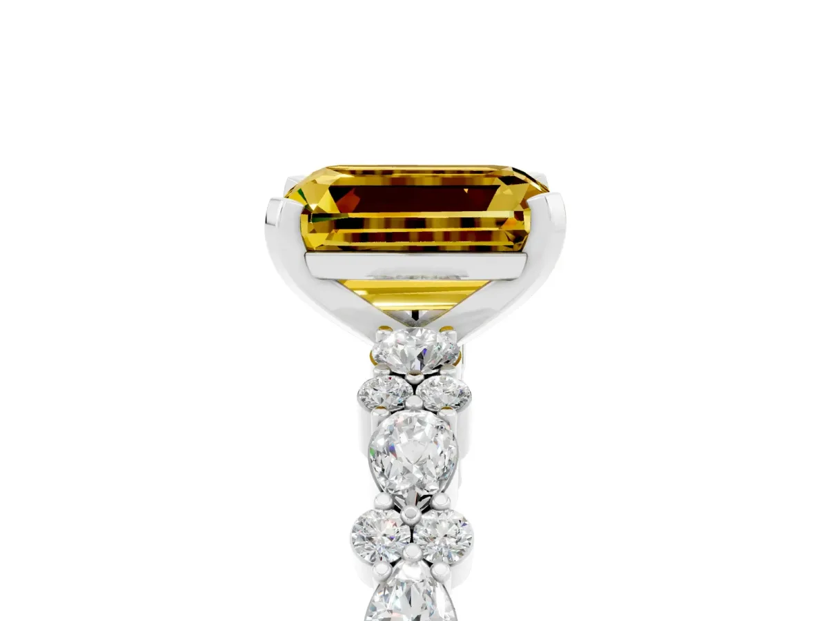 Emerald Cut Yellow Sapphire Side Stone Solitaire Ring with Round and Four-Prong Setting White gold