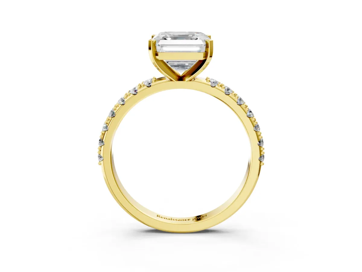 Asscher Cut Diamond Solitaire Pavé Band with Four-Prong Setting Yellow gold