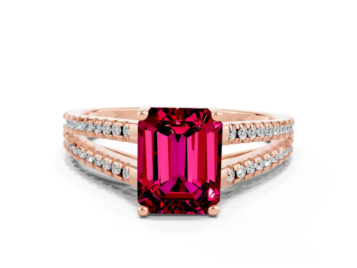 Emerald Cut Garnet Solitaire Engagement Ring with Split Shank Pavé Band Rose gold