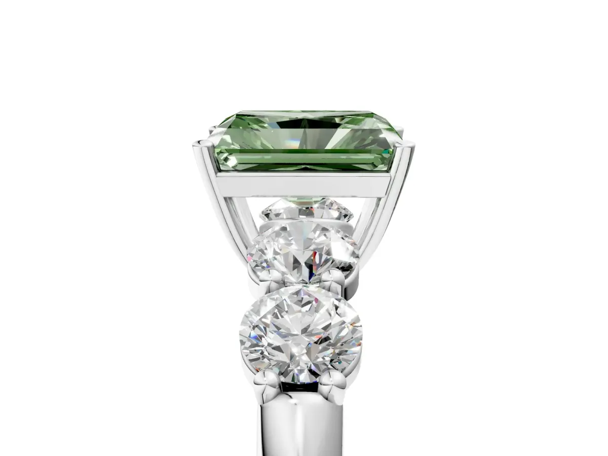 Fancy Green Radiant Cut Cut Five-Stone Prong Set Diamond Ring with Classic Band Platinum