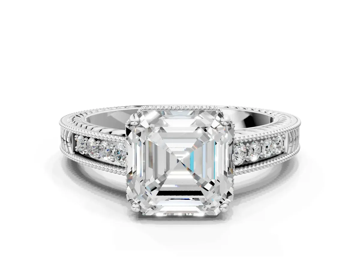 Asscher Cut Cut Diamond Milgrain Pave Band Four-Prong Setting Ring Platinum