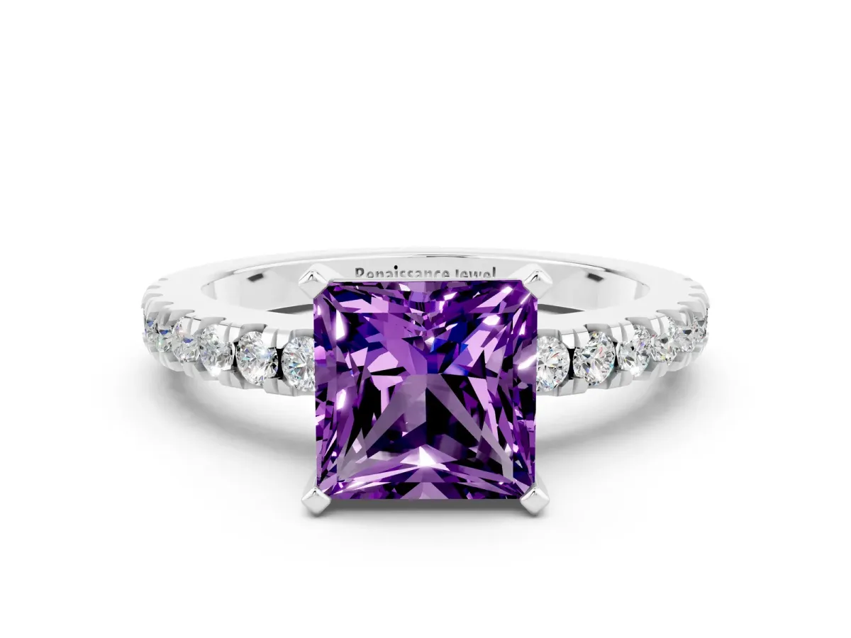 Princess Cut Solitaire Amethyst with Pavé Band and Four-Prong Setting Silver