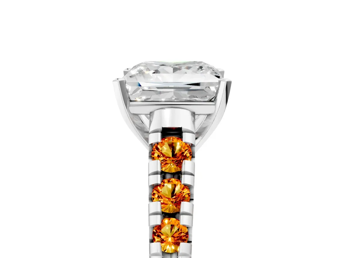 Princess Cut Diamond Cathedral Solitaire Ring with Round Citrine Pavé Band Silver