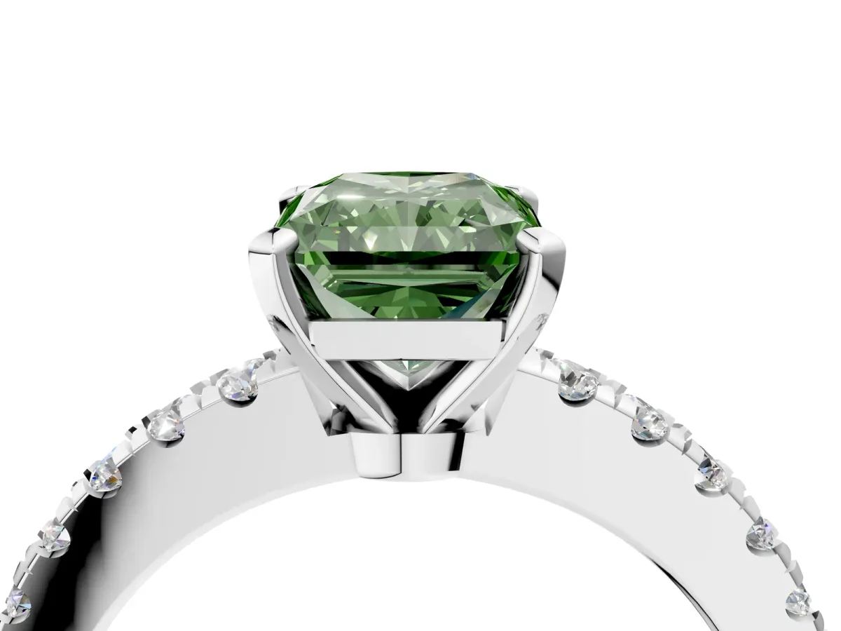Fancy Green Radiant Cut Solitaire Diamond with Pavé Band and Four-Prong Setting Silver