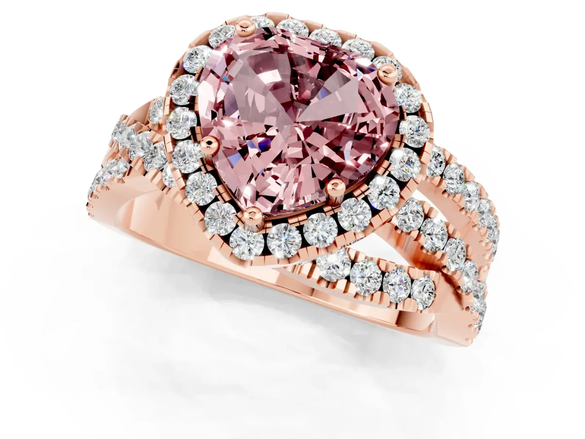 Heart Cut Morganite Halo Ring with Round Split Shank and Prong Setting Rose gold