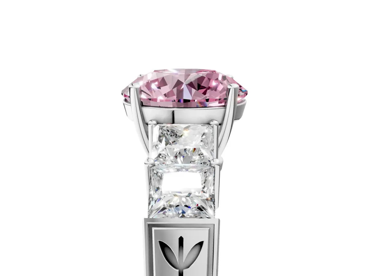 Fancy Pink Round Cut Solitaire Princess Side Stone Engraved Band Prong Setting Ring White gold