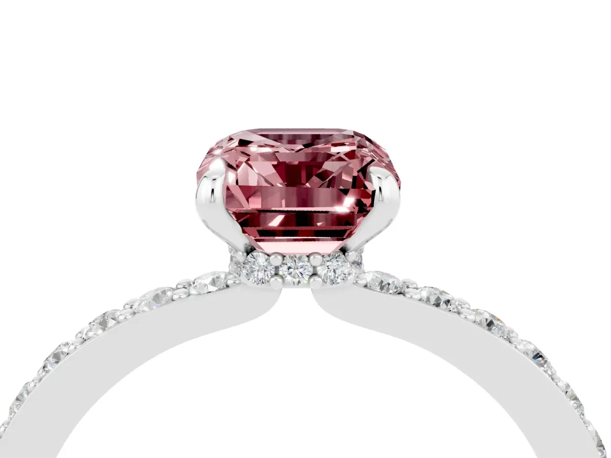 Emerald Cut Morganite Solitaire Engagement Ring with Pavé Band and Four-Prong Setting Silver