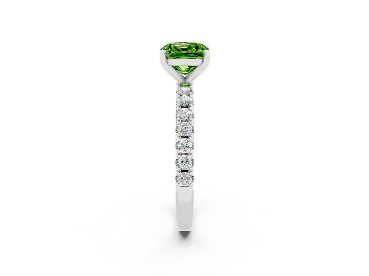 Cushion Cut Peridot Solitaire Pavé Band with Four-Prong Setting Platinum