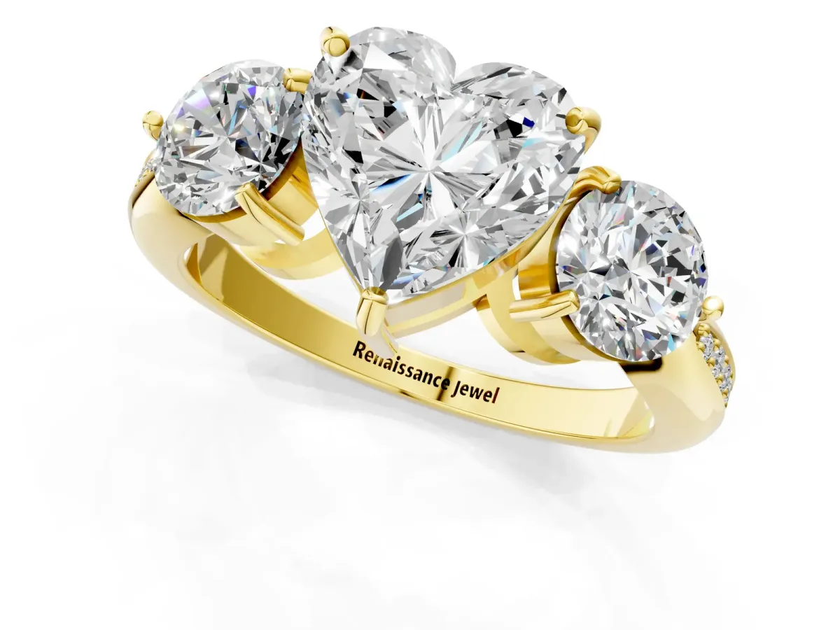 Three-Stone Heart Cut Diamond Channel Set Engagement Ring with Prong Setting Yellow gold