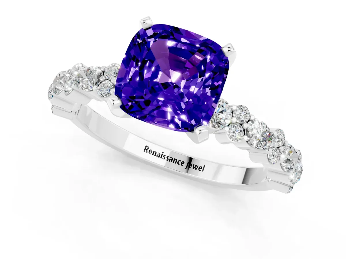 Cushion Cut Tanzanite Side Stone Solitaire Ring with Round and Four-Prong Setting Platinum