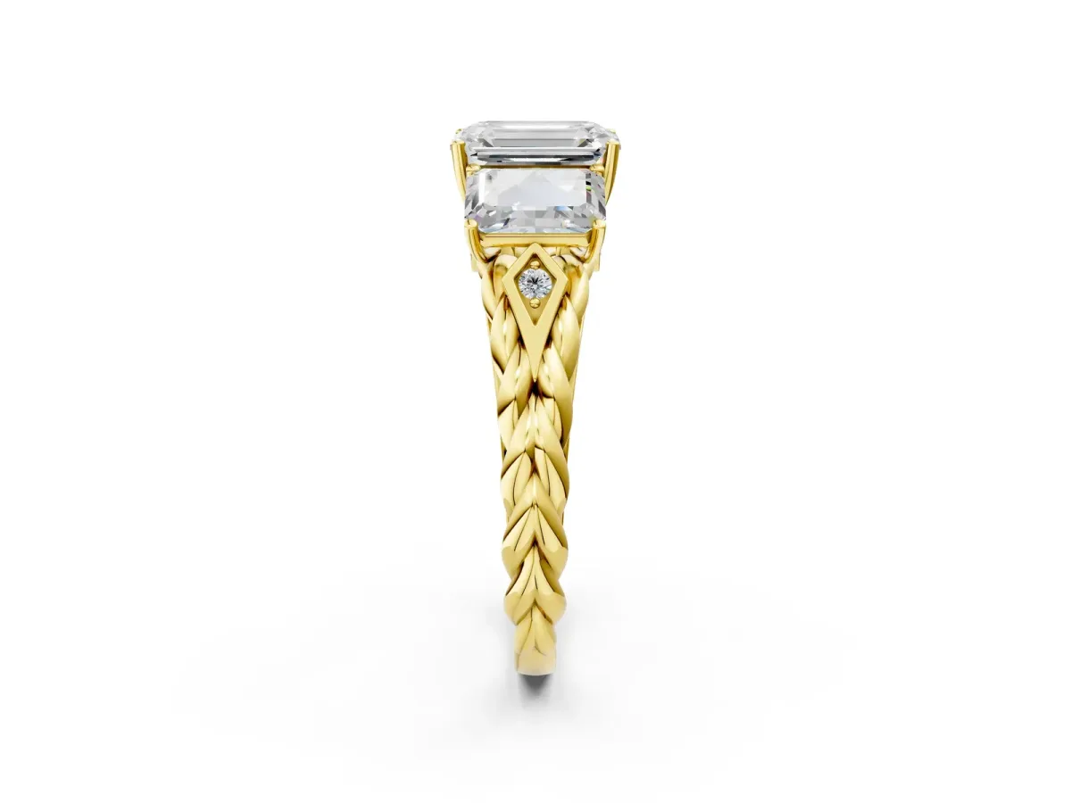 Three-Stone Radiant Cut Diamond Braided Band Ring with Four-Prong Setting Yellow gold