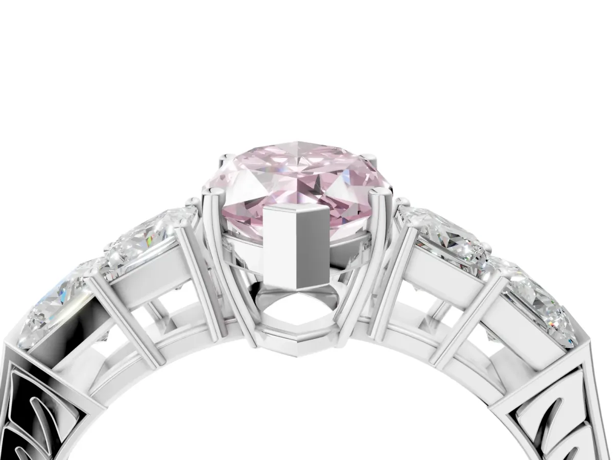Fancy Pink Marquise Cut Solitaire Princess Side Stone Engraved Band Prong Setting Ring Silver