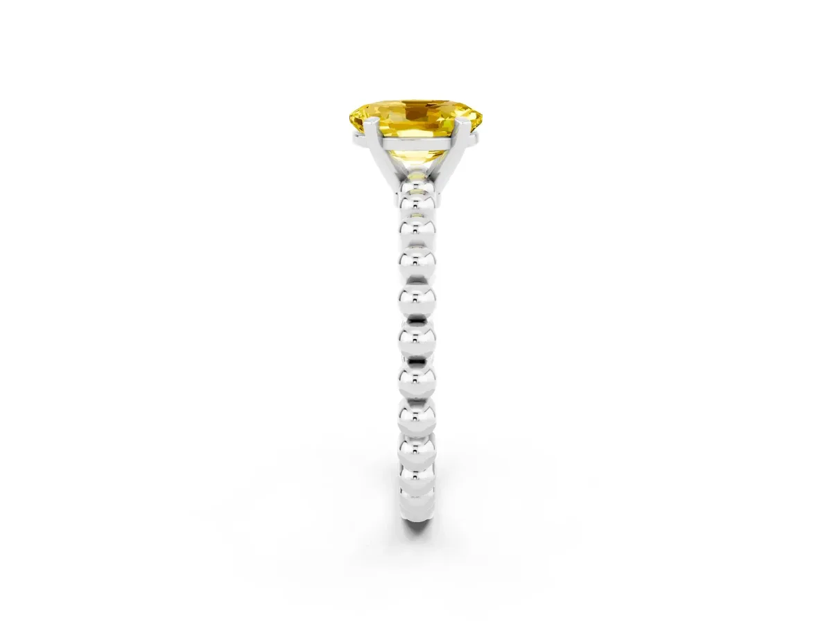 Oval Cut Yellow Sapphire Solitaire Ring with Beaded Band and Prong Setting Platinum