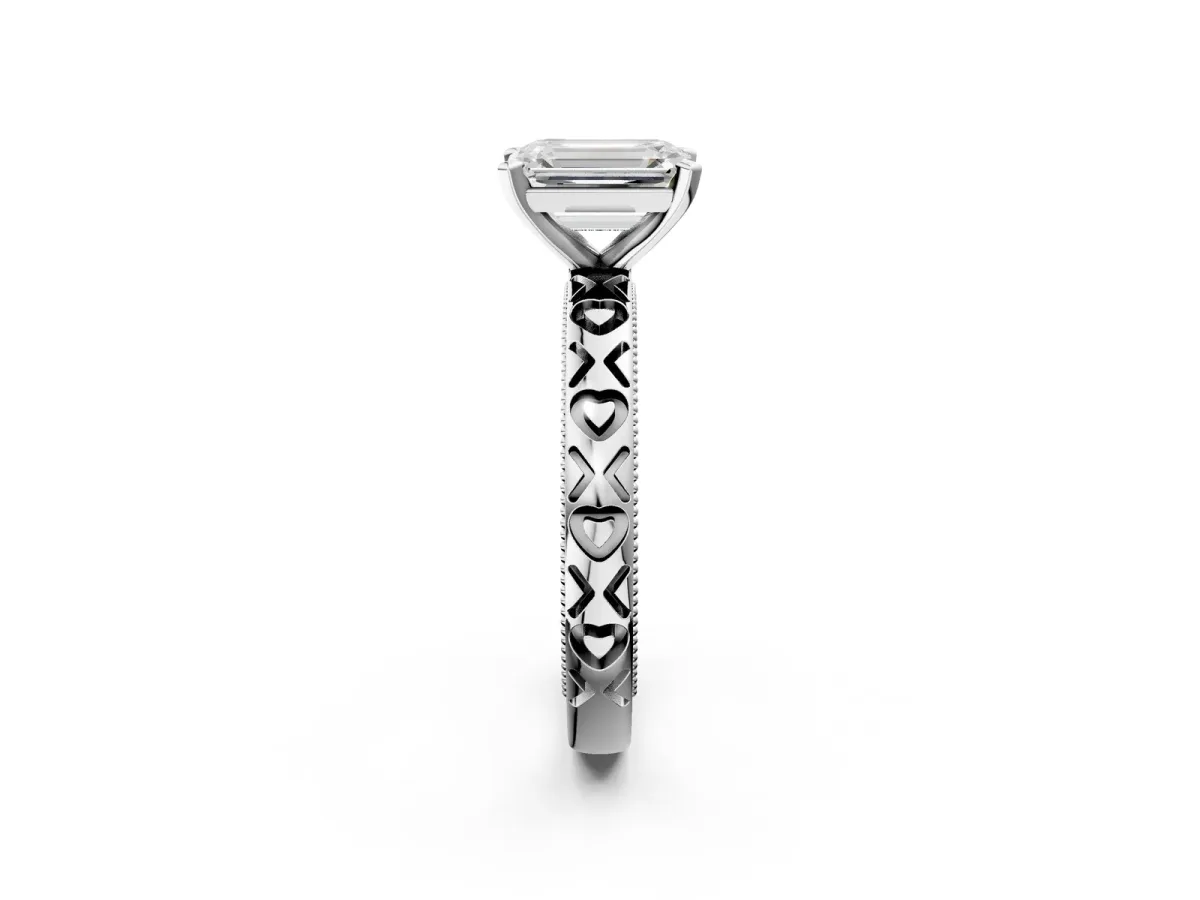 Emerald Cut Solitaire Diamond Engagement Ring with XO Engraved Band and Four-Prong Setting Platinum