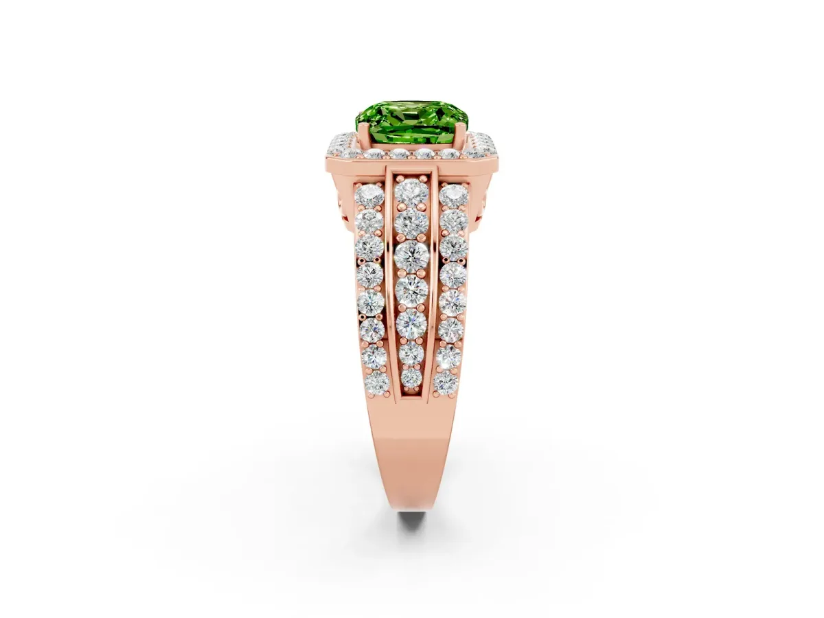 Cushion Cut Halo Peridot Ring with Round Split Shank and Prong Setting Rose gold