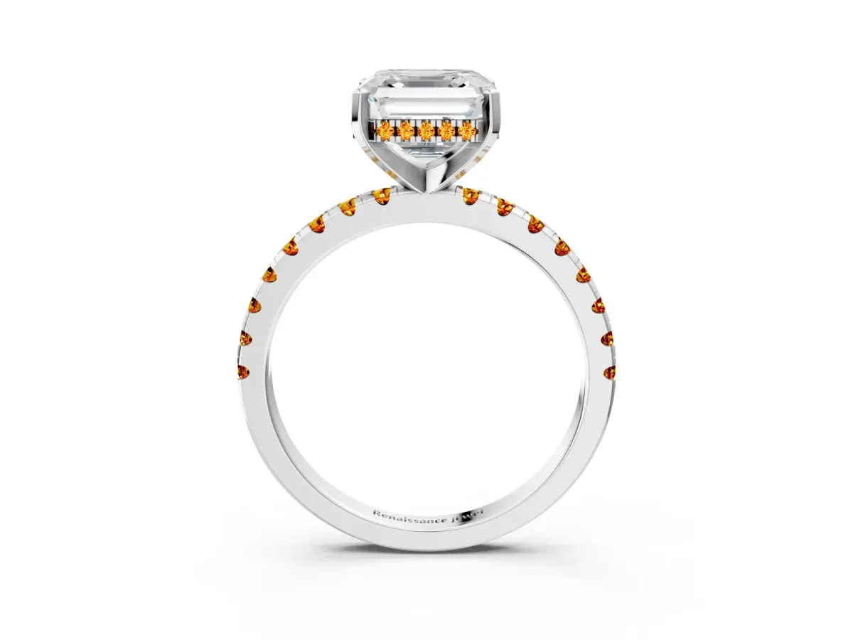 Asscher Cut Diamond Solitaire Ring with Round Citrine Pavé Band and Four-Prong Setting Silver