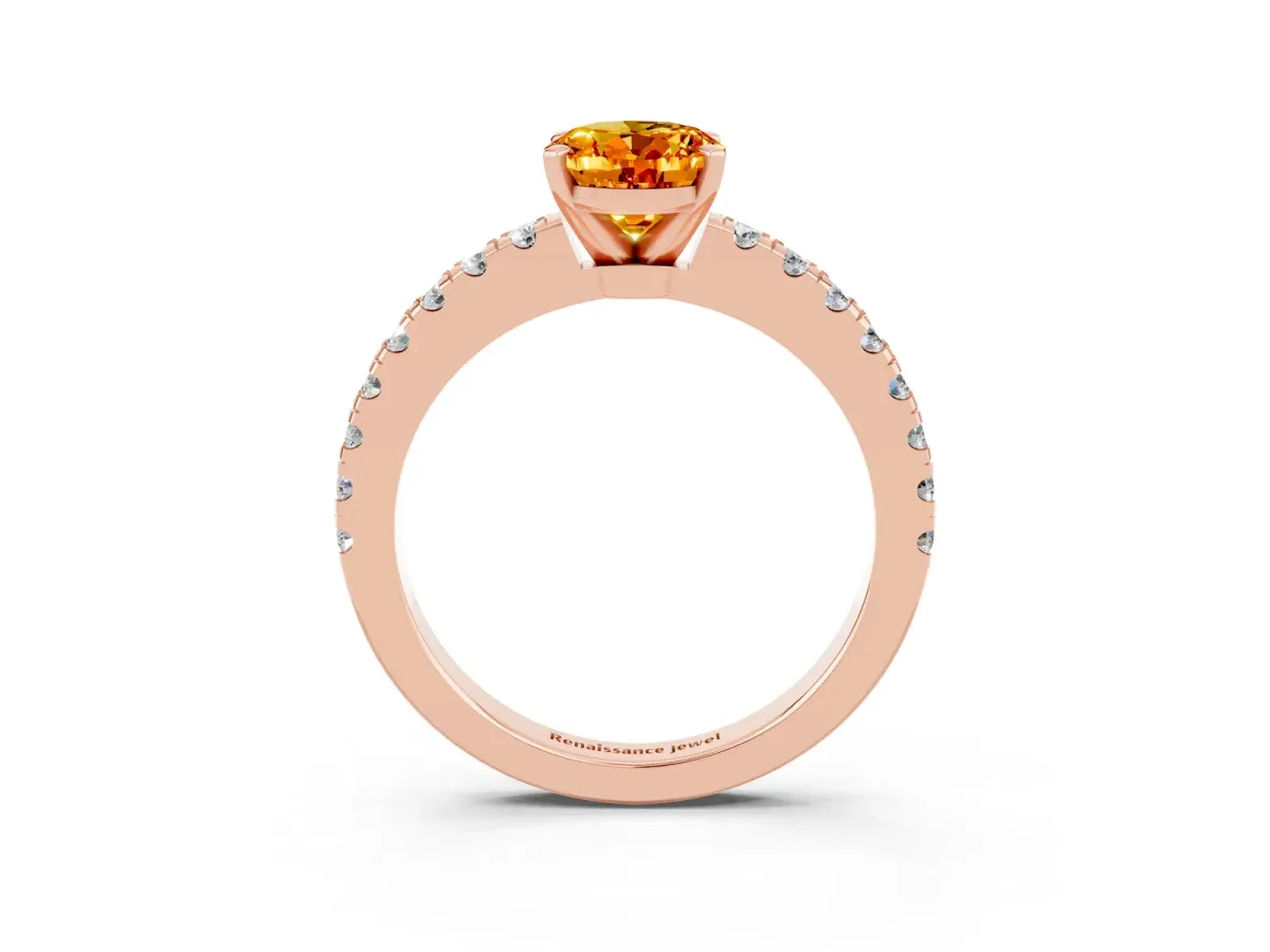Oval Cut Solitaire Citrine with Pavé Band and Four-Prong Setting Rose gold