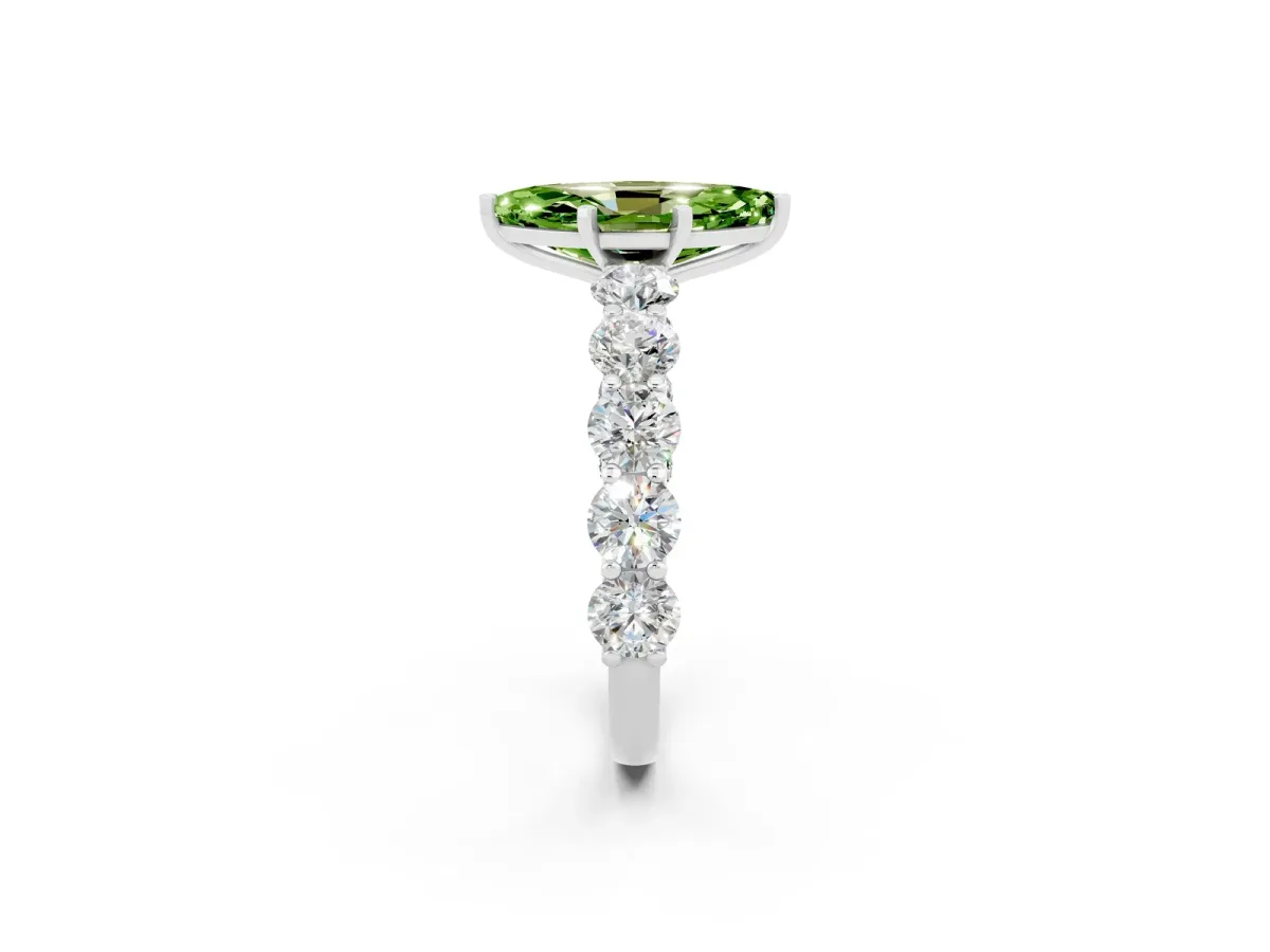 Marquise Cut Peridot Prong Setting with Side Stones on a Pave Band Silver