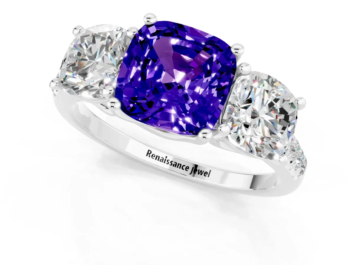 Three-Stone Cushion Cut Tanzanite Ring with Round Pavé Band and Prong Setting Silver