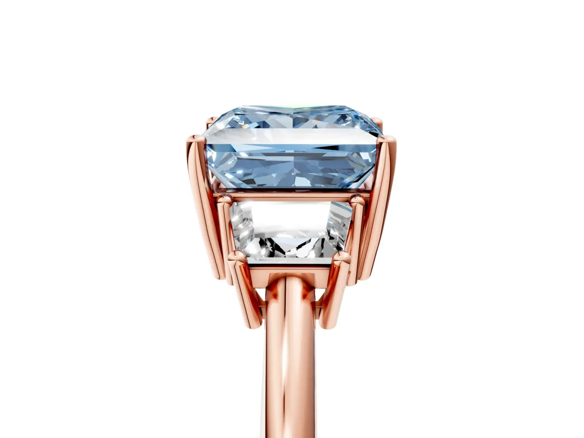 Fancy Blue Princess Cut Diamond Three-Stone Ring with Trapezoid Side Stones and Prong Setting Rose gold