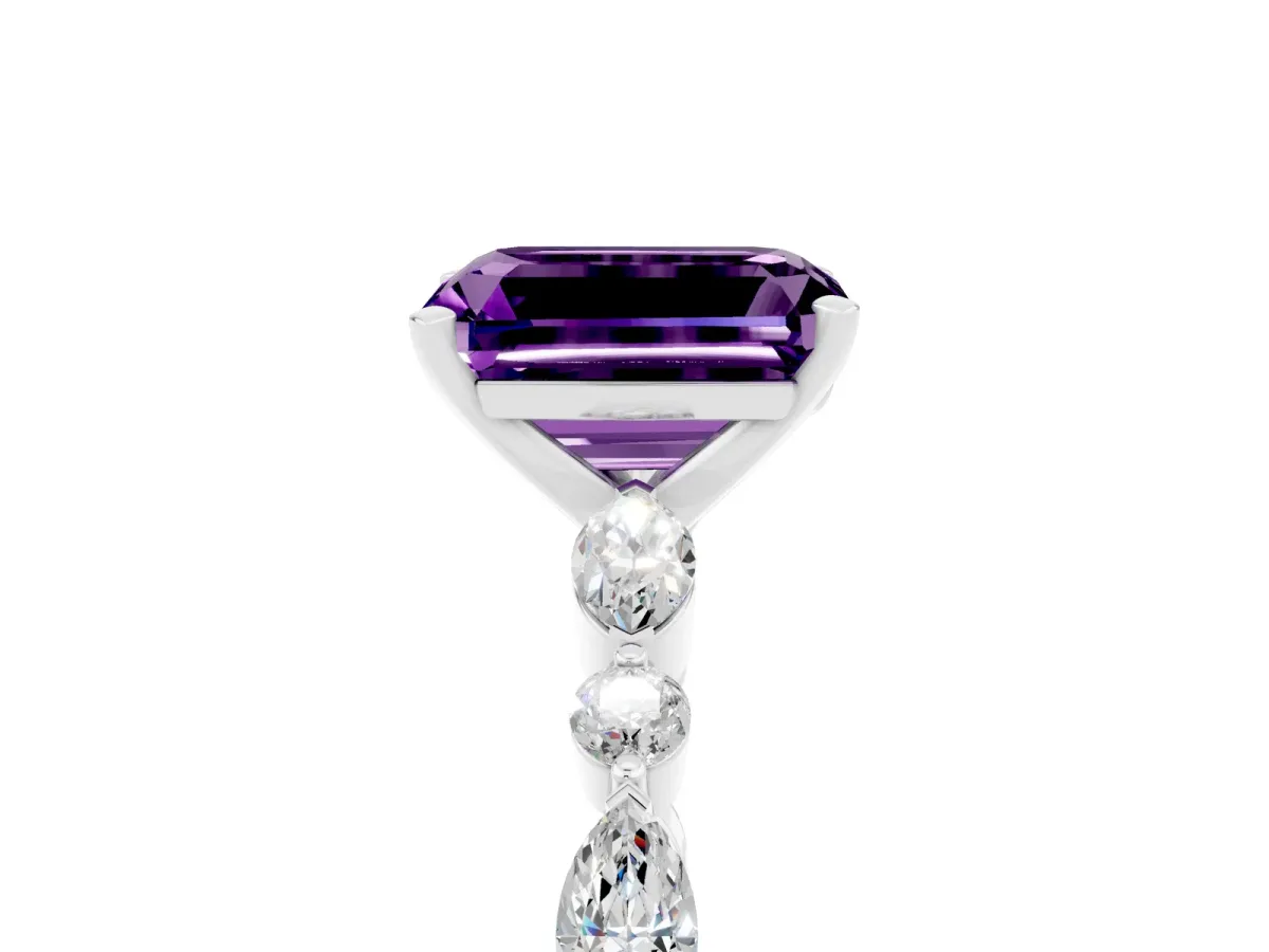 Emerald Cut Amethyst Ring with Marquise and Round Side Stones and Four-Prong Setting Silver