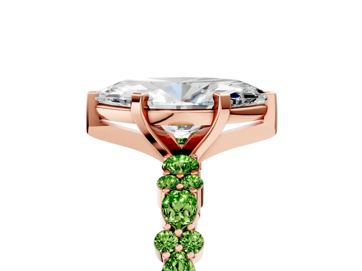 Marquise Cut Diamond Side Stone Solitaire Ring with Round Peridot and Four-Prong Setting Rose gold