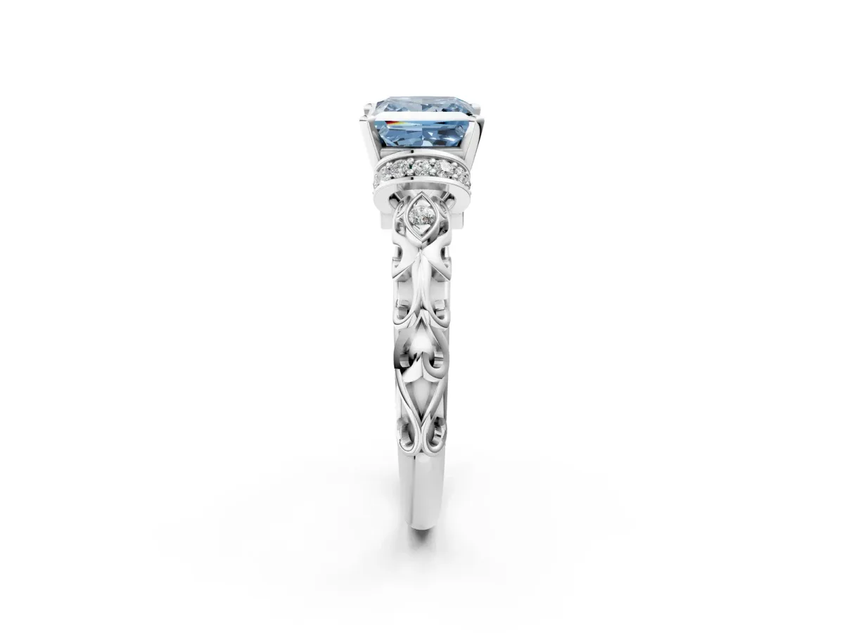Fancy Blue Princess Cut Diamond Solitaire Ring with Filigree Band and Four-Prong Setting Silver