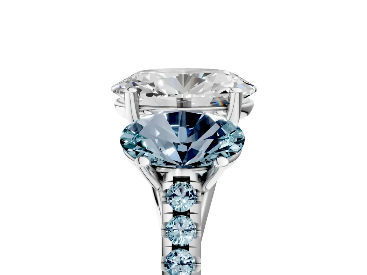 Three-Stone Oval Cut Diamond Ring with Round Aquamarine Pavé Band and Prong Setting Silver