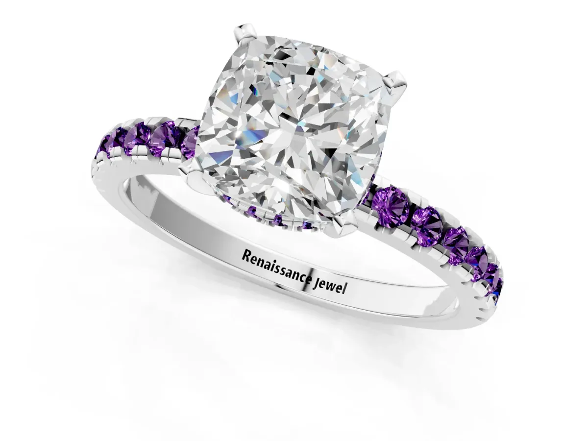 Cushion Cut Diamond Solitaire Ring with Round Amethyst Pavé Band and Four-Prong Setting Silver