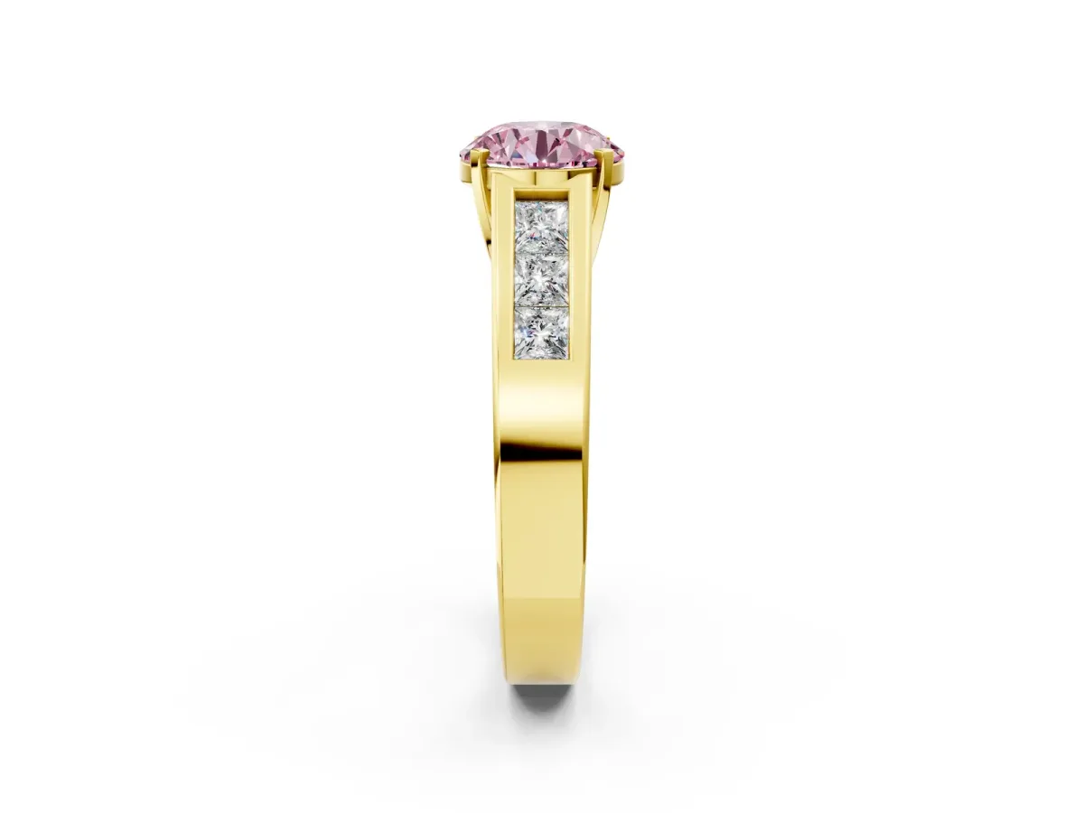 Fancy Pink Round Cut Cut Channel Set Solitaire Ring with Four-Prong Setting Yellow gold