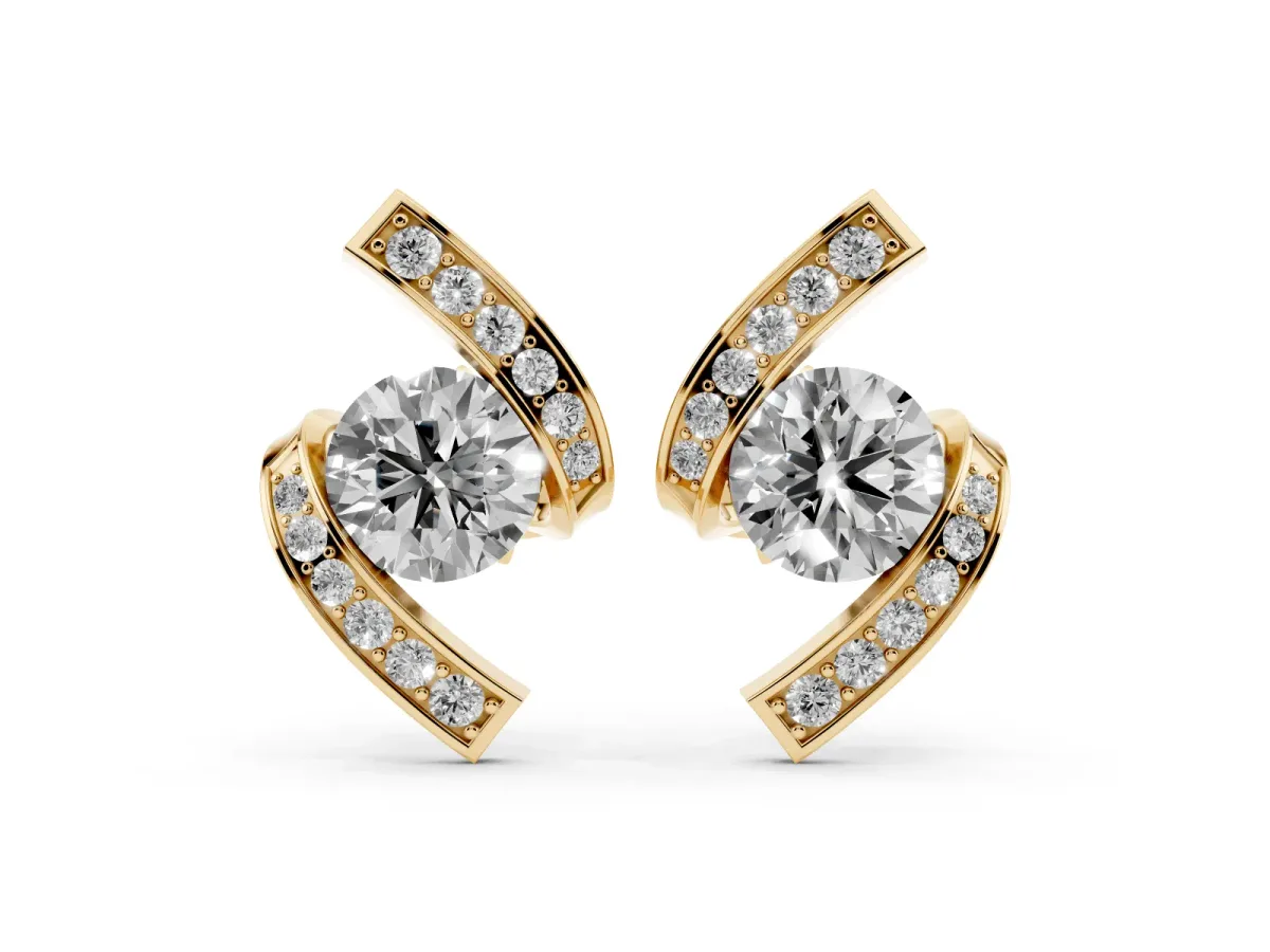 Round Diamond Curve Wave Stud Earrings Yellow gold