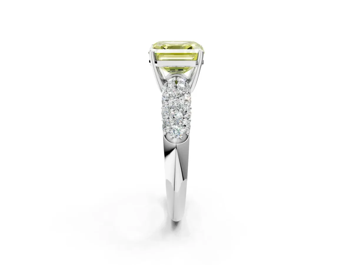 Fancy Yellow Asscher Cut Diamond Pavé Band Solitaire Ring with Four-Prong Setting Platinum