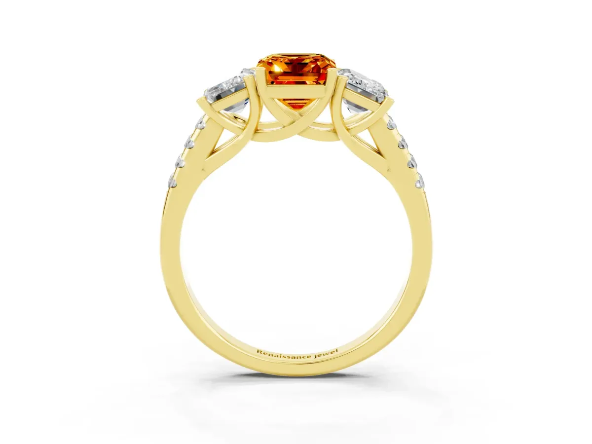Three-Stone Emerald Cut Citrine Ring with Round Pavé Band and Prong Setting Yellow gold