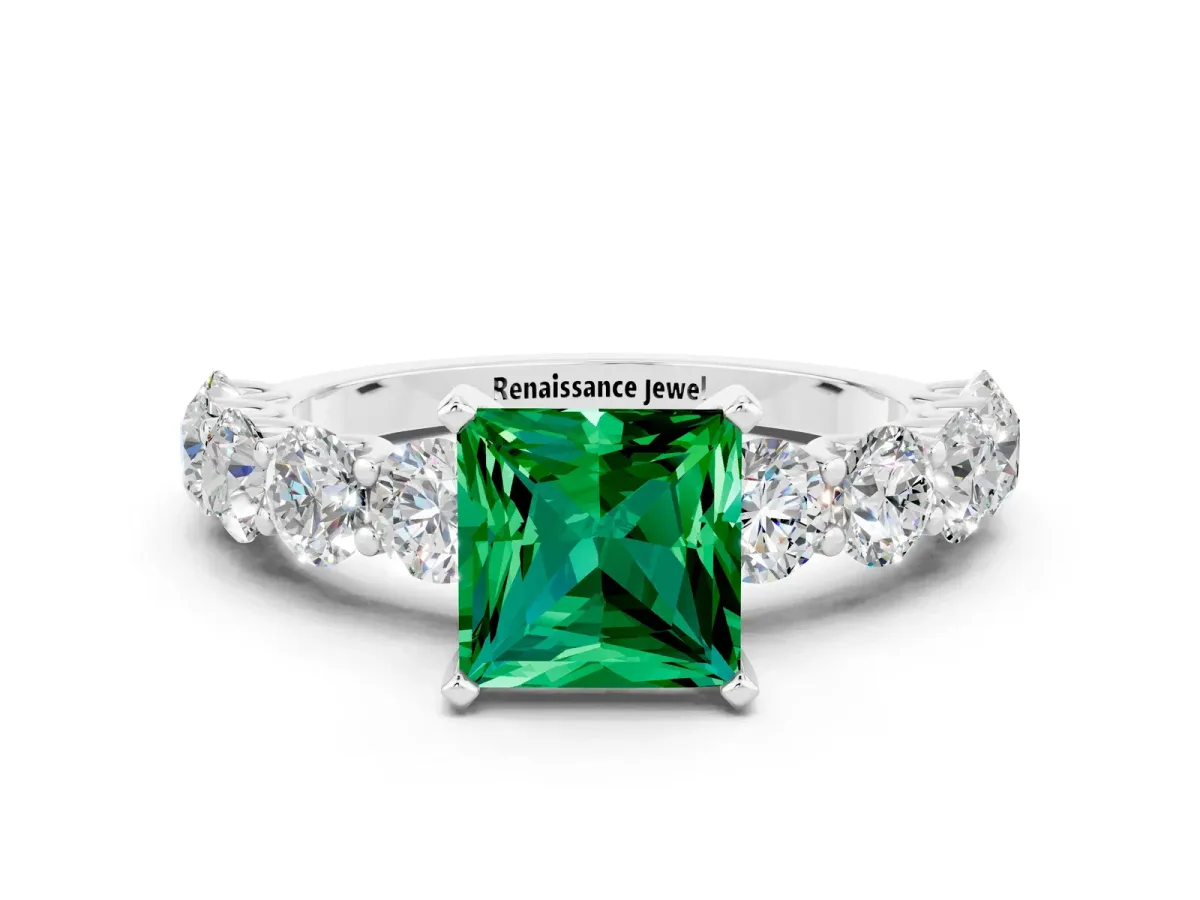 Princess Cut Emerald Prong Setting with Side Stones on a Pave Band Platinum