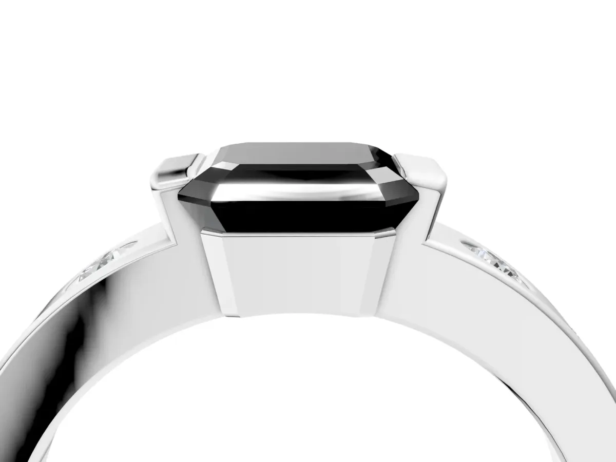 Fancy Black Asscher Cut Brilliant Channel-Set Diamond Ring with Bezel Prong Setting Platinum