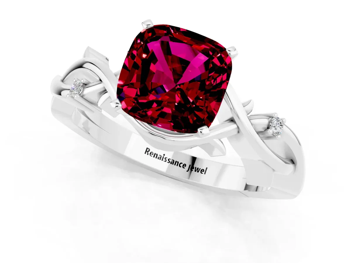 Cushion Cut Garnet Solitaire Ring with Twisted Band and Prong Setting Silver
