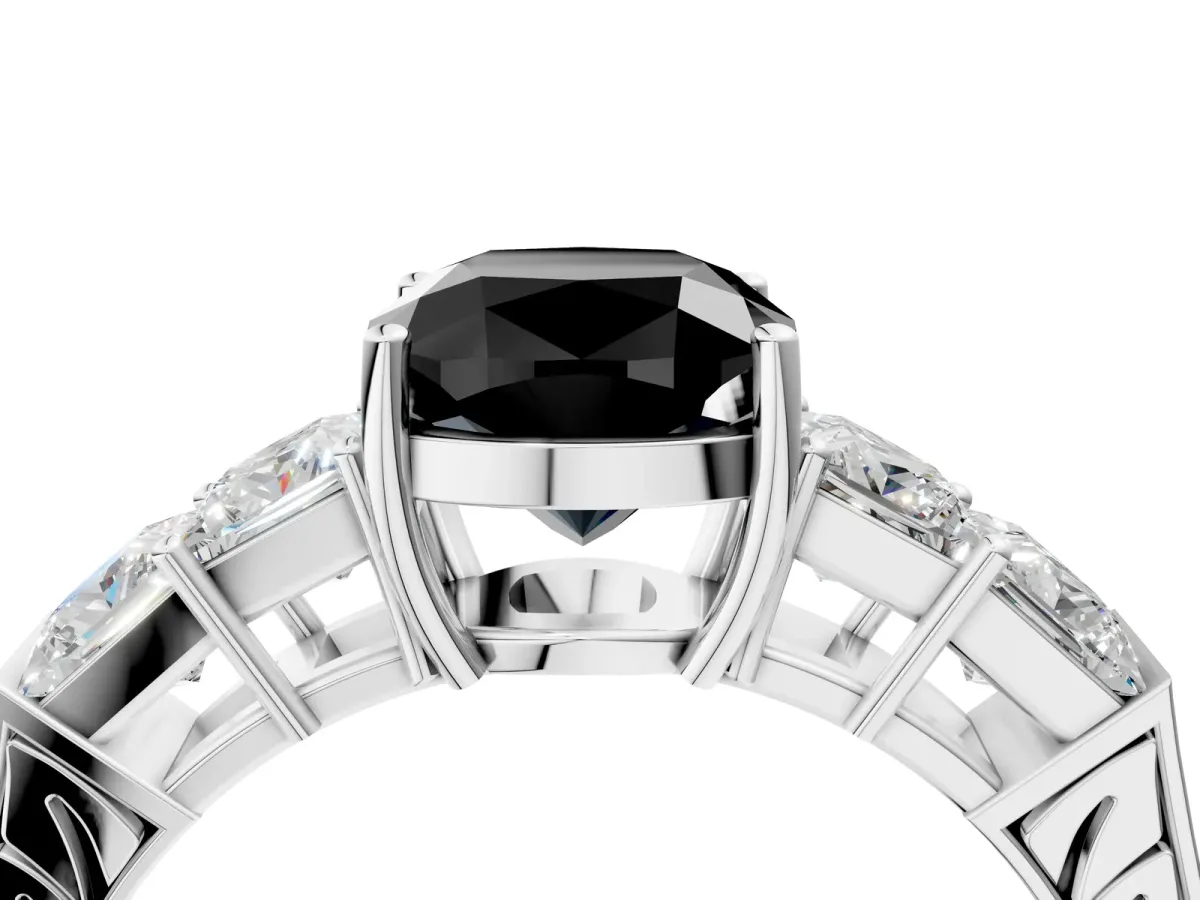 Fancy Black Cushion Cut Solitaire Princess Side Stone Engraved Band Prong Setting Ring Platinum