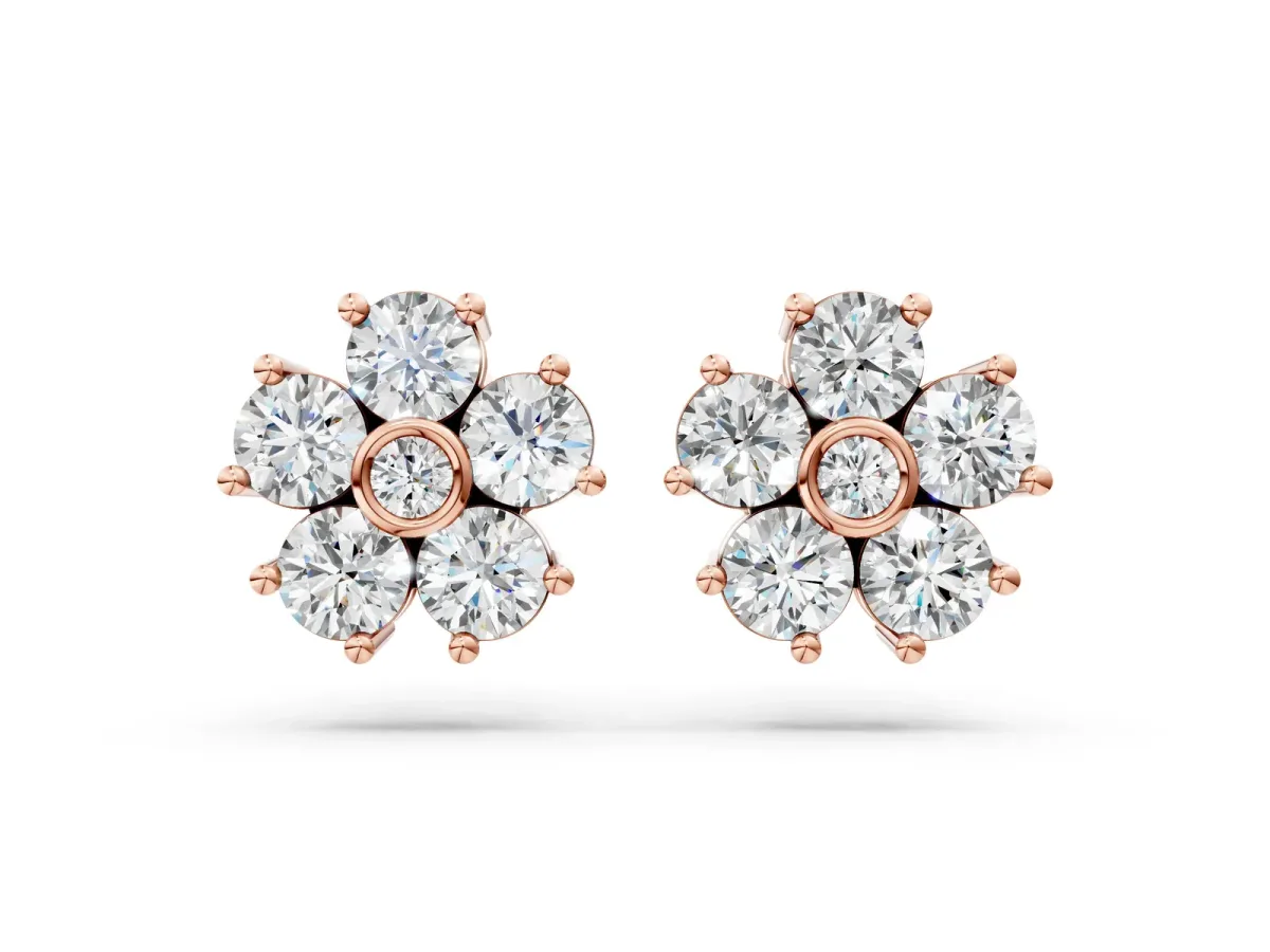 Round Diamond Flower Stud Earrings with Diamond Accent Rose gold