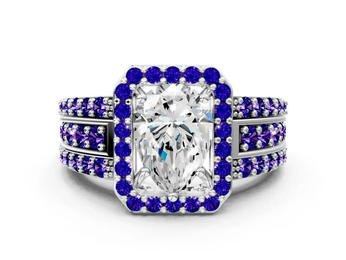 Pear Cut Halo Diamond Ring with Round Tanzanite Split Shank and Prong Setting Silver