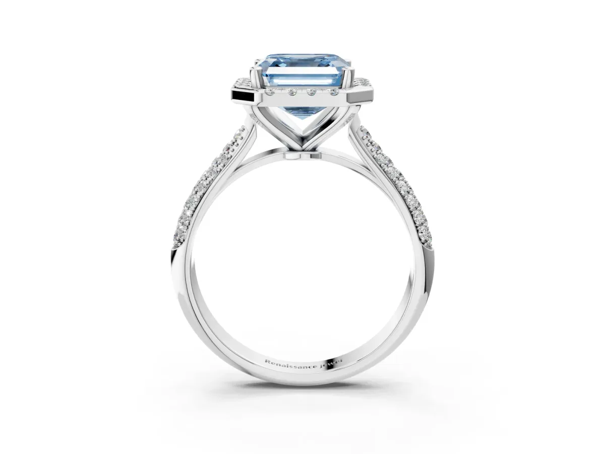 Fancy Blue Asscher Cut Cut Halo Pave Band Four-Prong Setting Ring Platinum